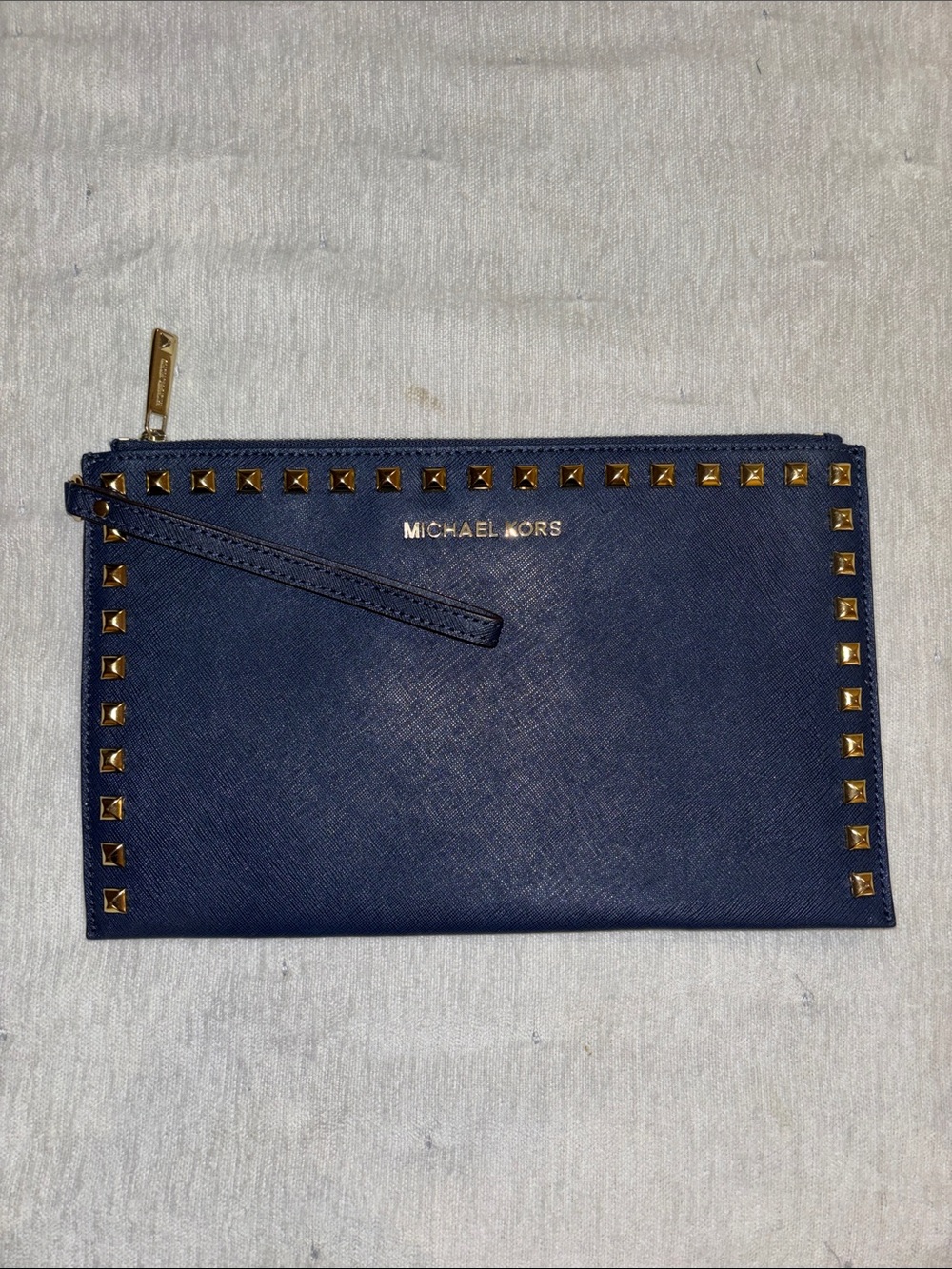 Michael Kors Navy Saffiano Leather Wristlet Clutch with Gold Stud Trim